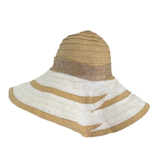 Womens Unbranded White and Tan Stripes Tie Ribbon Synthetic Wide Bucket Hat - Picture 3 of 7
